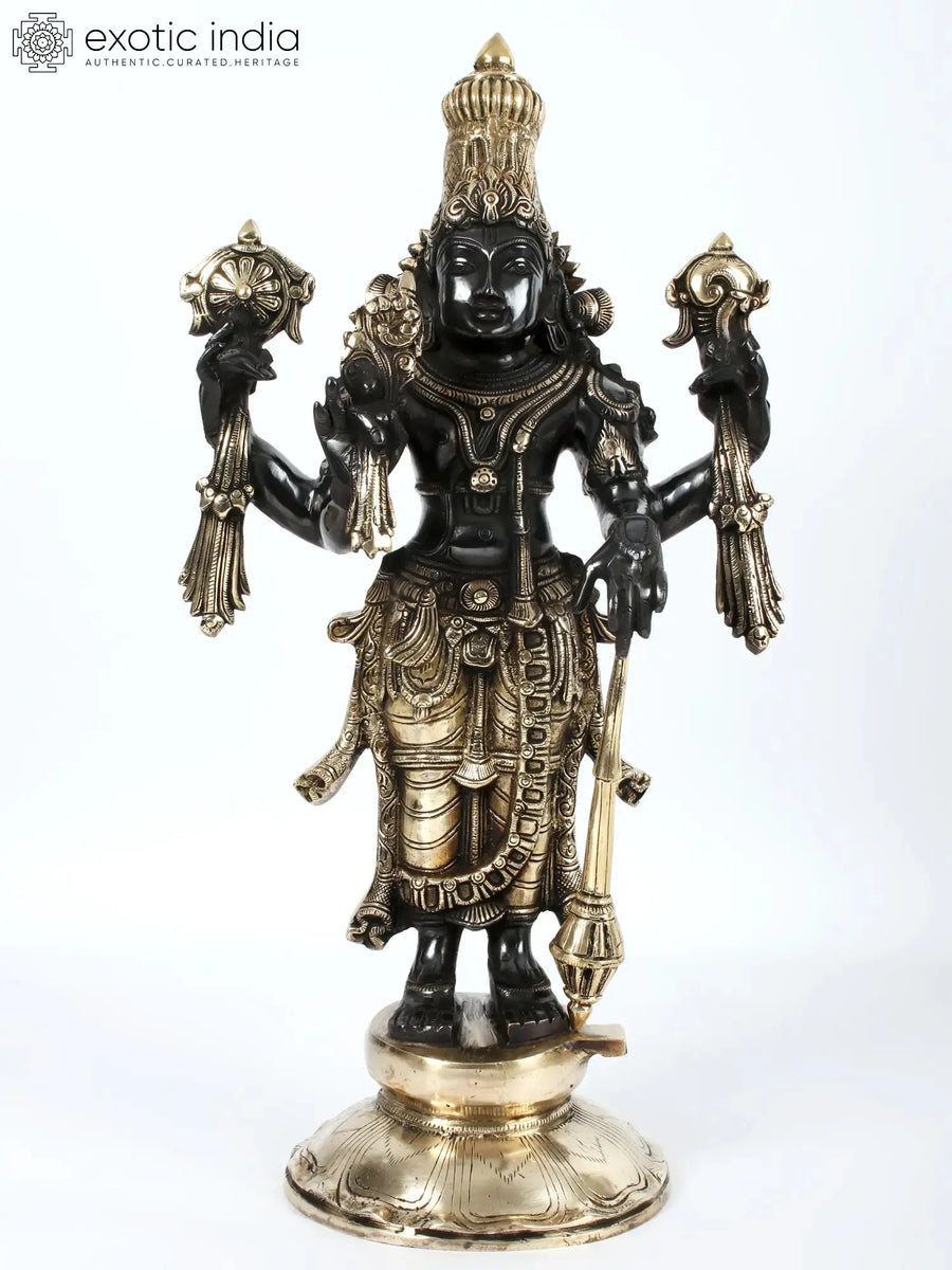 21" Lord Vishnu Standing Brass Statue with Gada and Pedestal