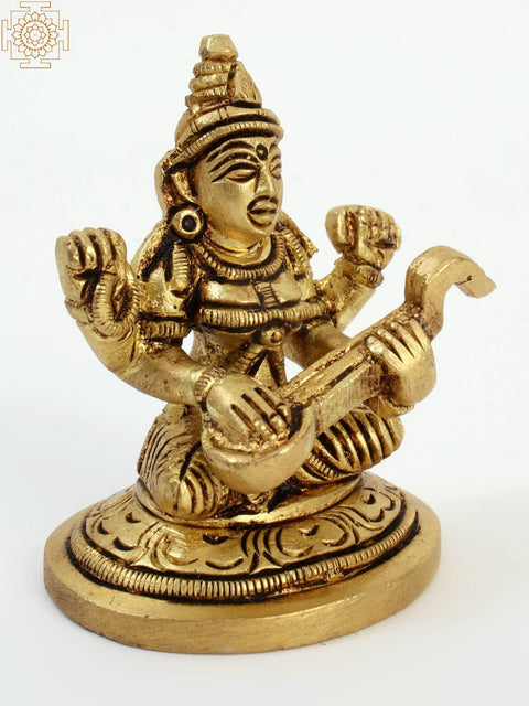 2" Small Sitting Devi Saraswati Brass Statue