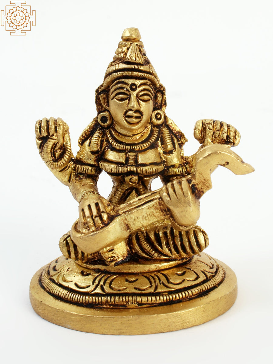 2" Sitting Devi Saraswati Handmade Brass Idol