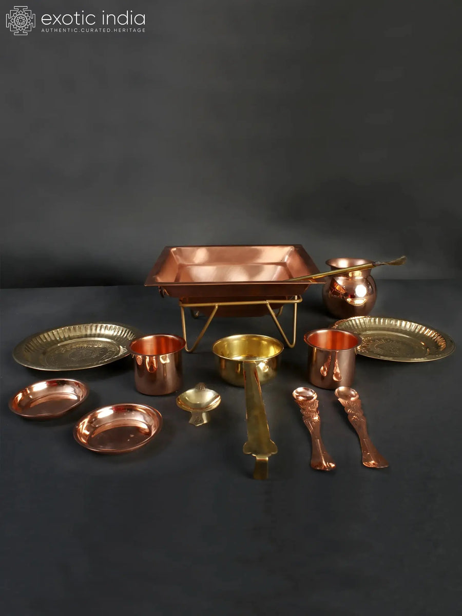 Copper and Brass Hindu Ritual Agnihotra Set for Pooja