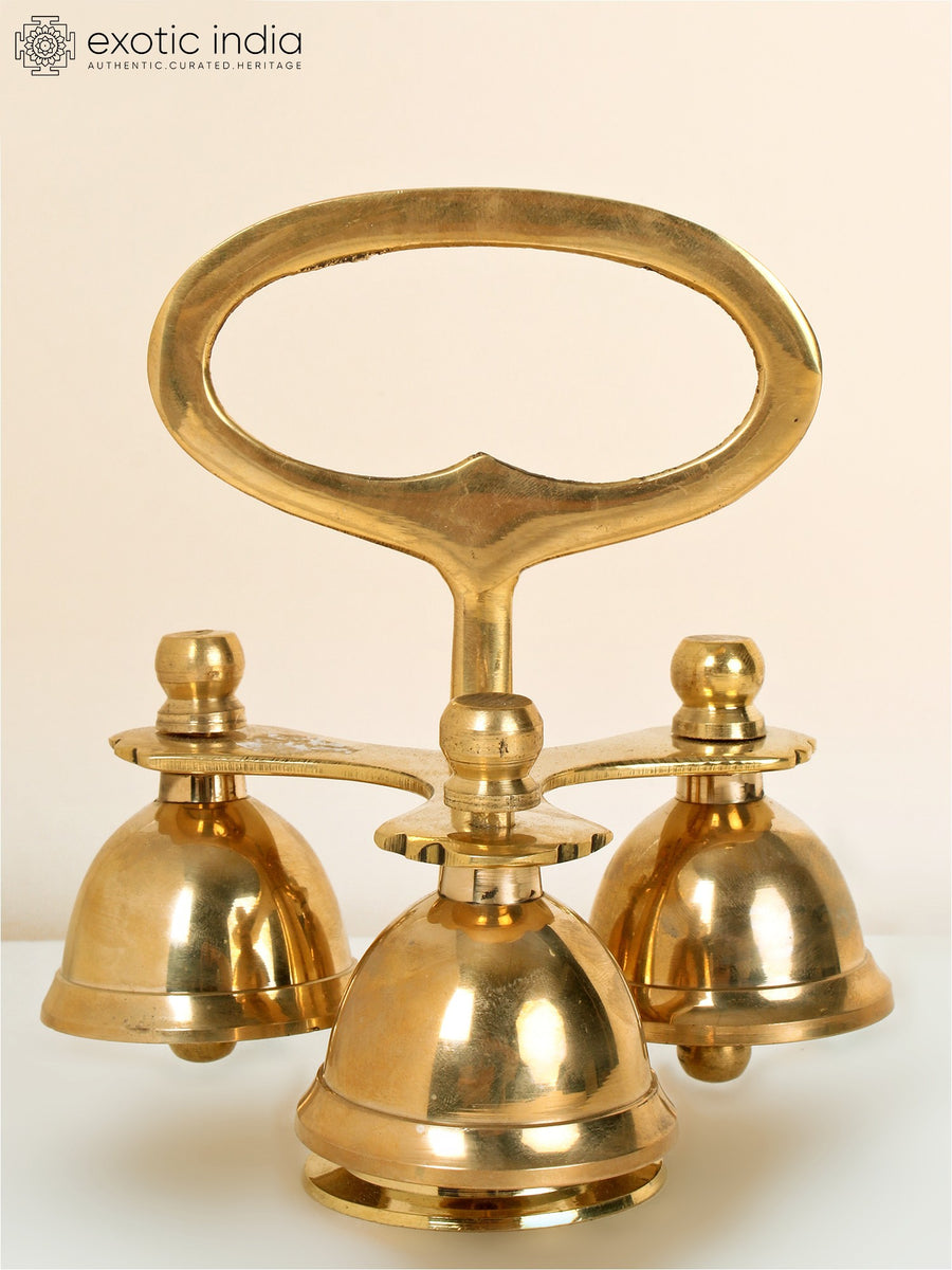 6" Brass Triple Ritual Bell with Holder for Pooja