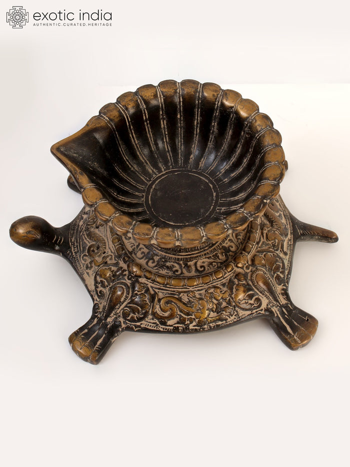 7" Brass Designer Diya on Tortoise Idol for Pooja