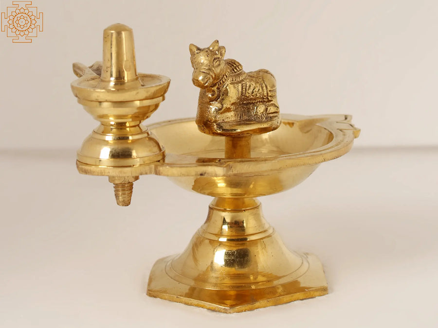 5" Brass Nandi Shivalinga Diya Oil Lamp for Pooja