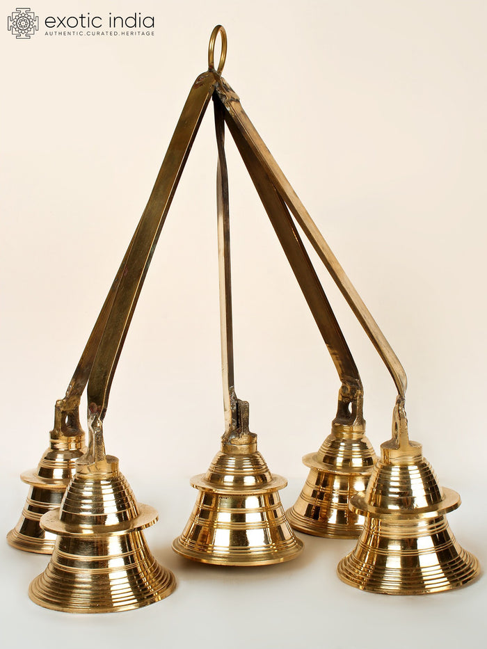 13" Brass Five Ritual Hanging Bells Set for Pooja