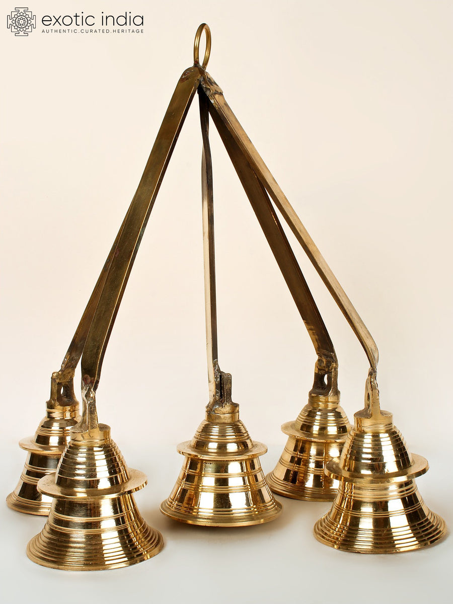13" Brass Five Ritual Hanging Bells Set for Pooja