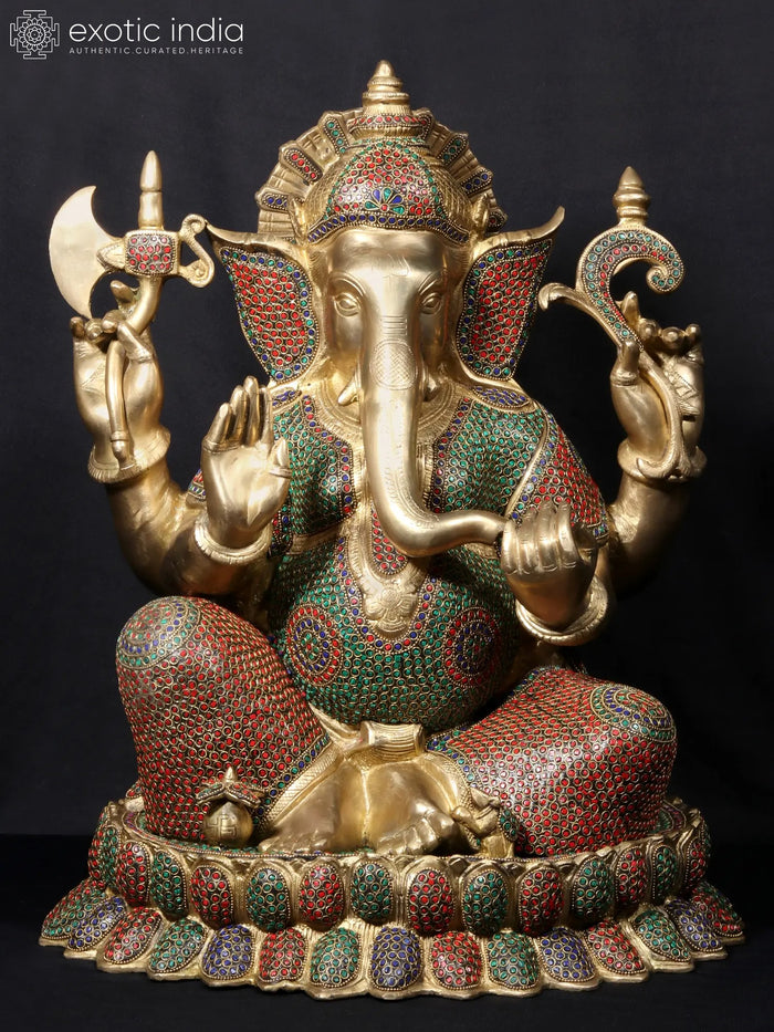 23" Four Hand Ganesha Brass Statue with Fine Stone Work