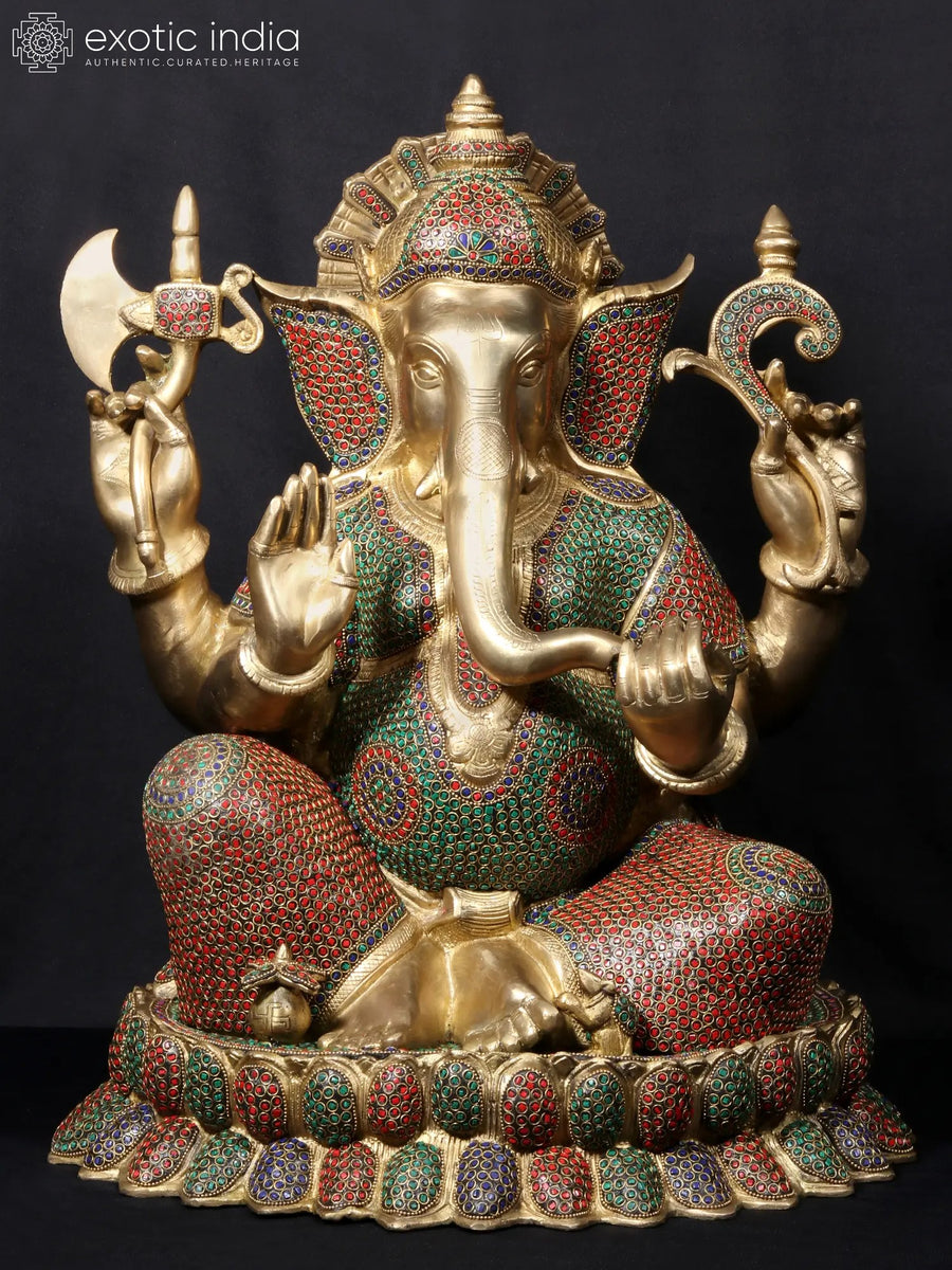 23" Four Hand Ganesha Brass Statue with Fine Stone Work