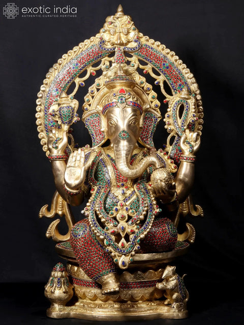 26'' Four Hand Ganesha Seated On Throne | Fine Stone Work