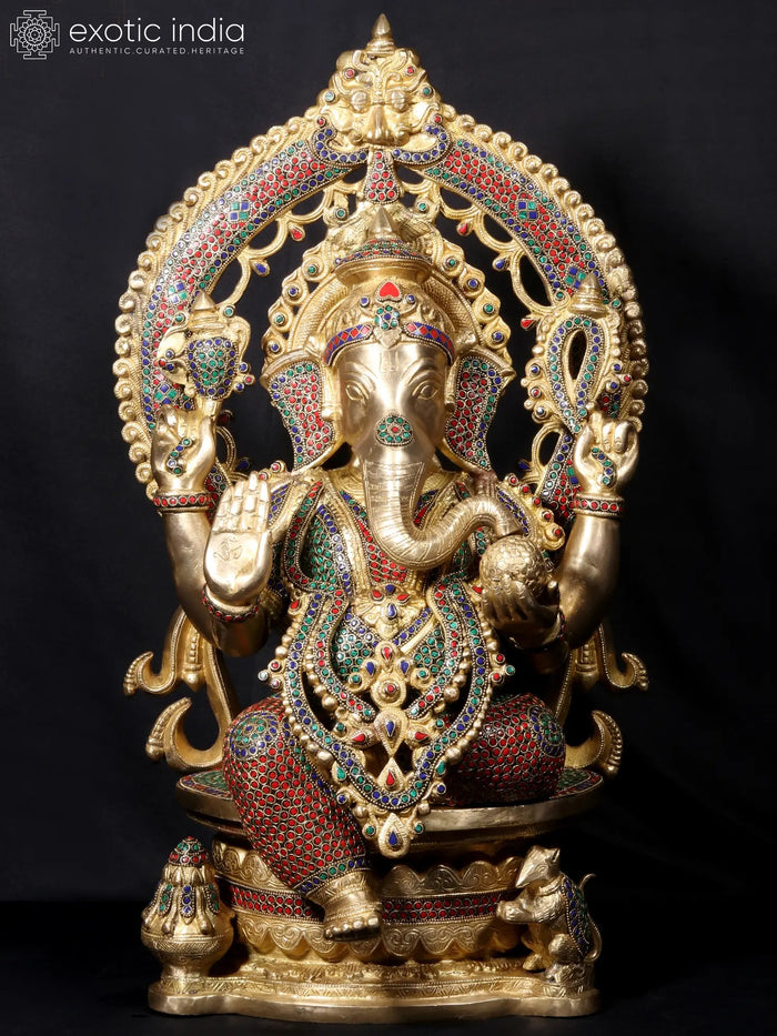 26" Four Hand Ganesha Seated On Throne Stone Sculpture