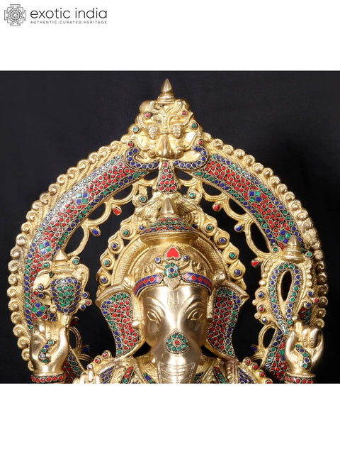 26'' Four Hand Ganesha Seated On Throne | Fine Stone Work