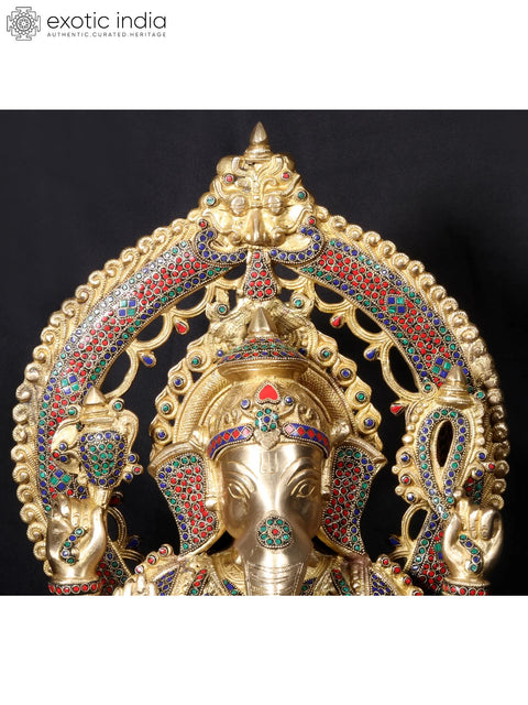 26'' Four Hand Ganesha Seated On Throne | Fine Stone Work