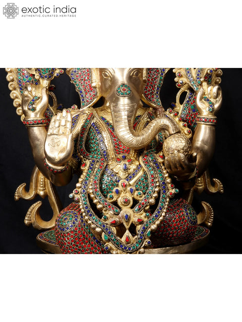 26'' Four Hand Ganesha Seated On Throne | Fine Stone Work
