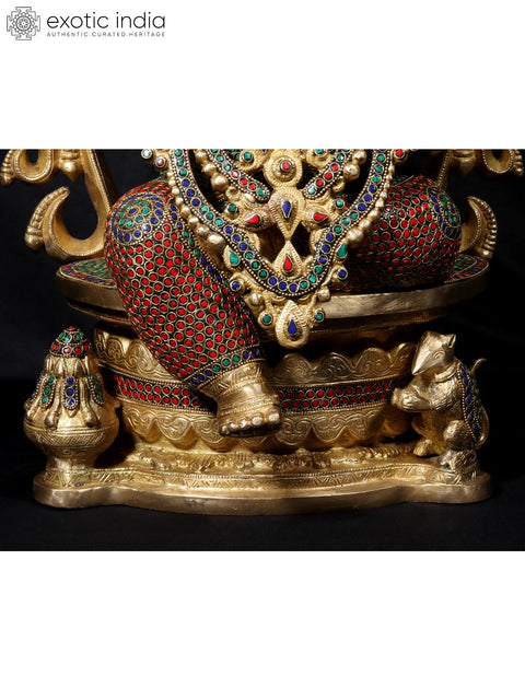 26'' Four Hand Ganesha Seated On Throne | Fine Stone Work
