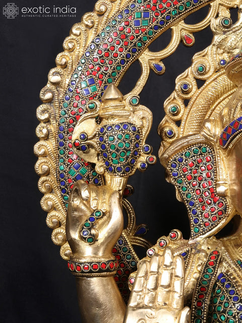26'' Four Hand Ganesha Seated On Throne | Fine Stone Work