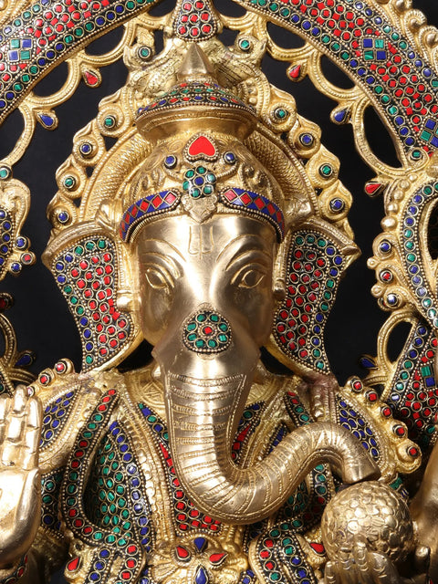 26'' Four Hand Ganesha Seated On Throne | Fine Stone Work