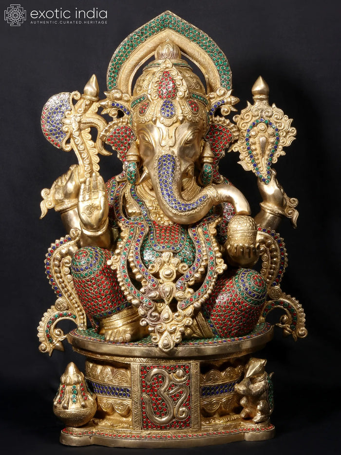 23" Ganesha Seated On Om Throne Stone Idol Fine Handmade