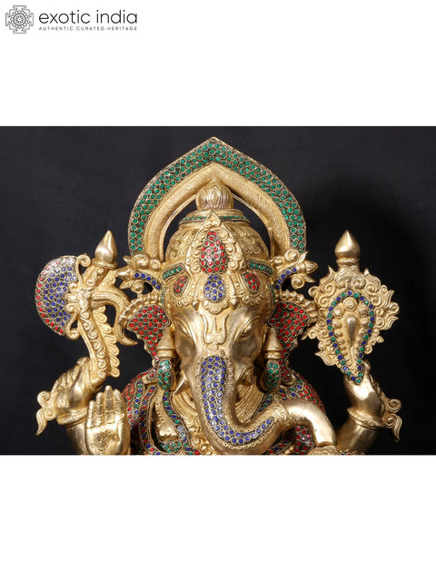 23'' Hindu God Ganesha Seated On Om Throne | Fine Stone Work