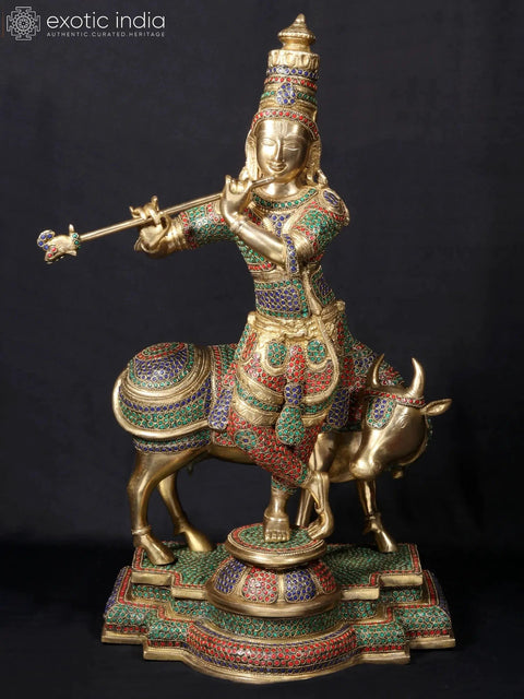 25'' Hindu God Krishna Playing Flute On Base | Fine Stone Work