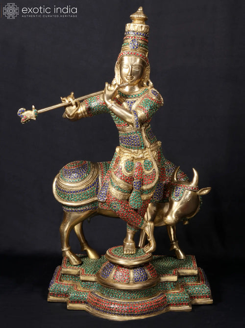 25" Krishna Playing Flute Brass Statue with Stone Work Base
