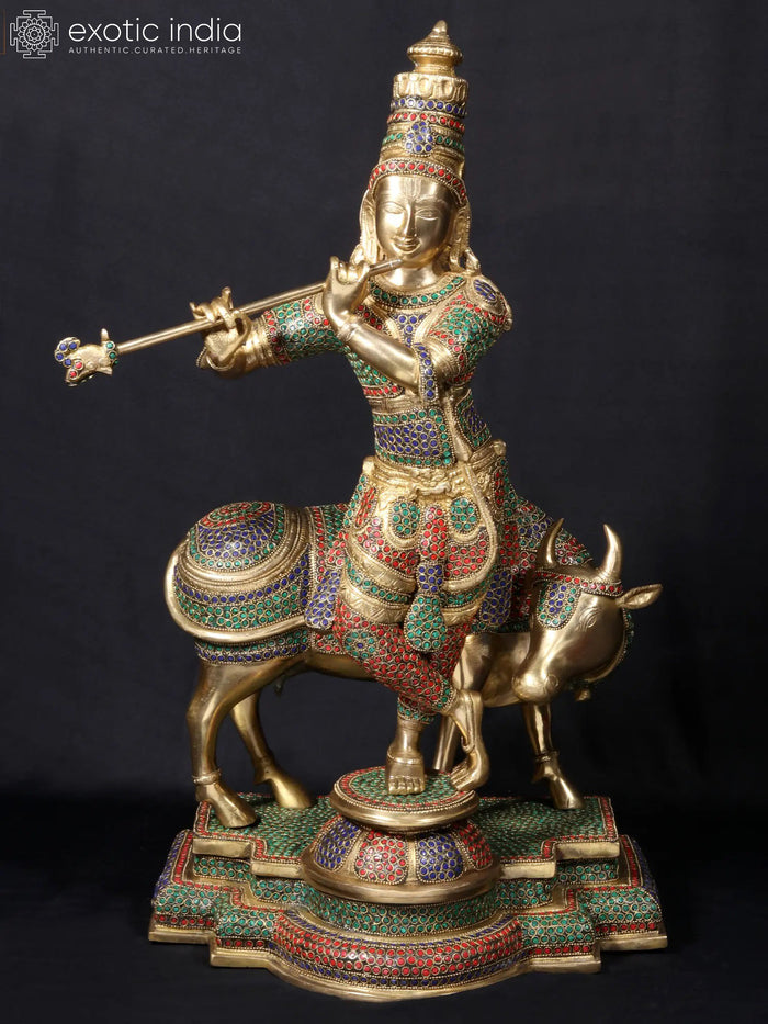 25" Krishna Playing Flute Brass Statue with Stone Work Base