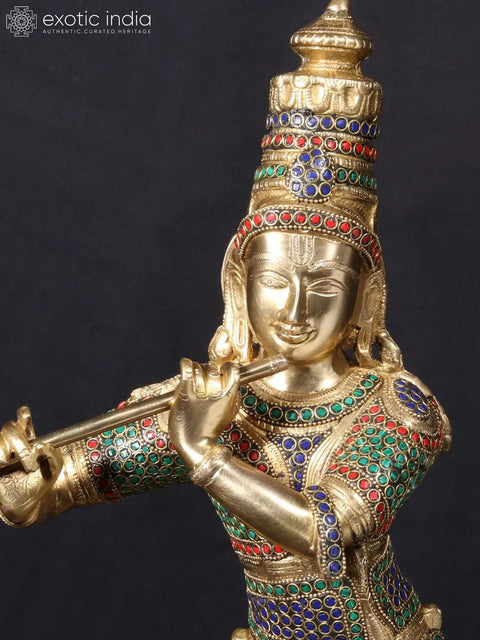 25'' Hindu God Krishna Playing Flute On Base | Fine Stone Work