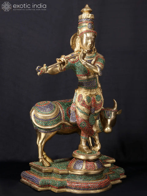 25'' Hindu God Krishna Playing Flute On Base | Fine Stone Work