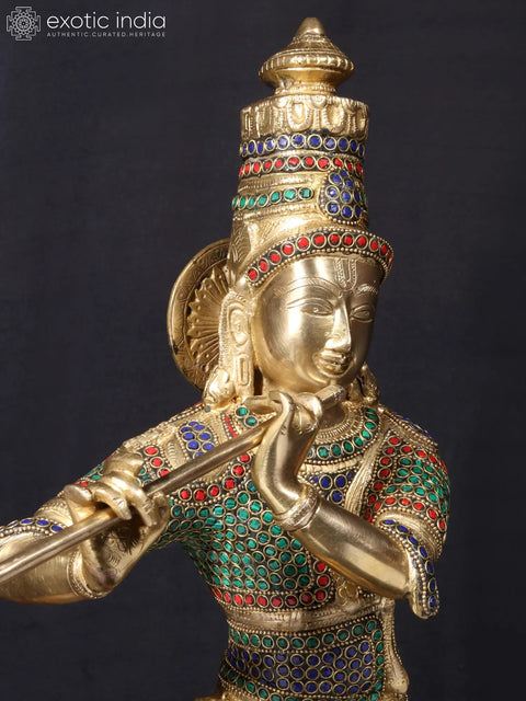 25'' Hindu God Krishna Playing Flute On Base | Fine Stone Work