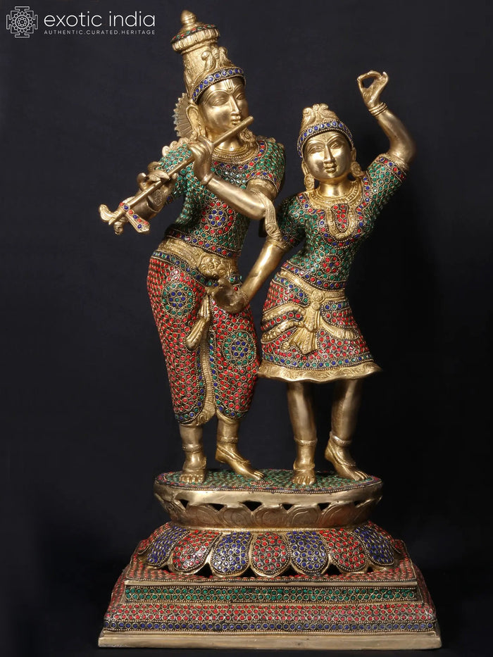 24" Krishna Playing Flute With Radha Dancing Stone Sculpture