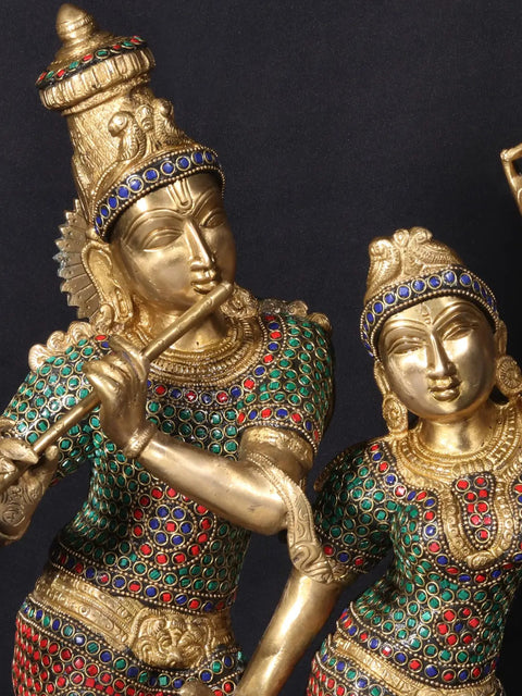 24'' Krishna Playing Flute With Radha Dancing | Fine Stone Work