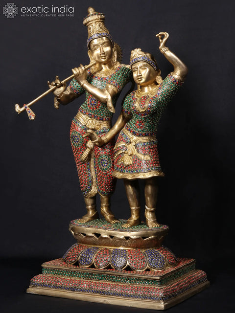 24'' Krishna Playing Flute With Radha Dancing | Fine Stone Work