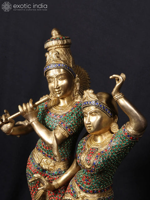 24'' Krishna Playing Flute With Radha Dancing | Fine Stone Work