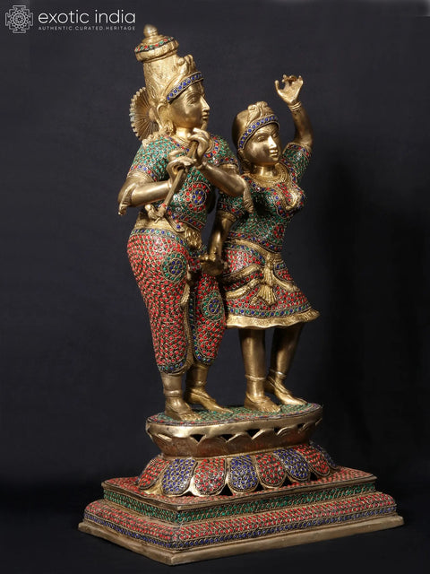 24'' Krishna Playing Flute With Radha Dancing | Fine Stone Work