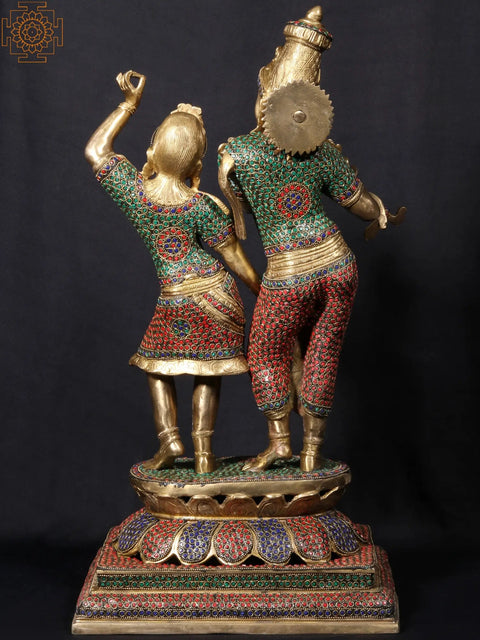 24'' Krishna Playing Flute With Radha Dancing | Fine Stone Work