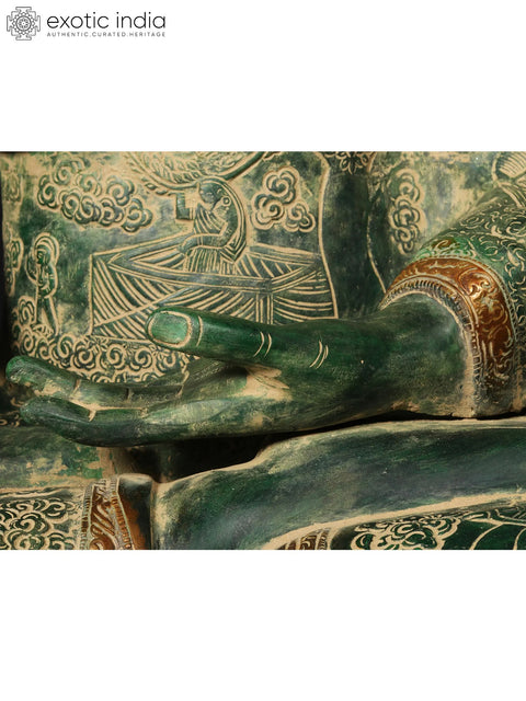 33'' Buddha In Bhumisparsha Mudra With Life Story Engraved | Brass Statue