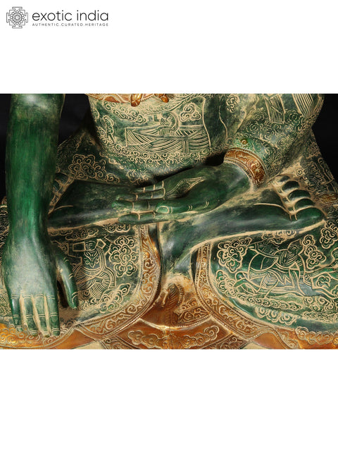 33'' Buddha In Bhumisparsha Mudra With Life Story Engraved | Brass Statue
