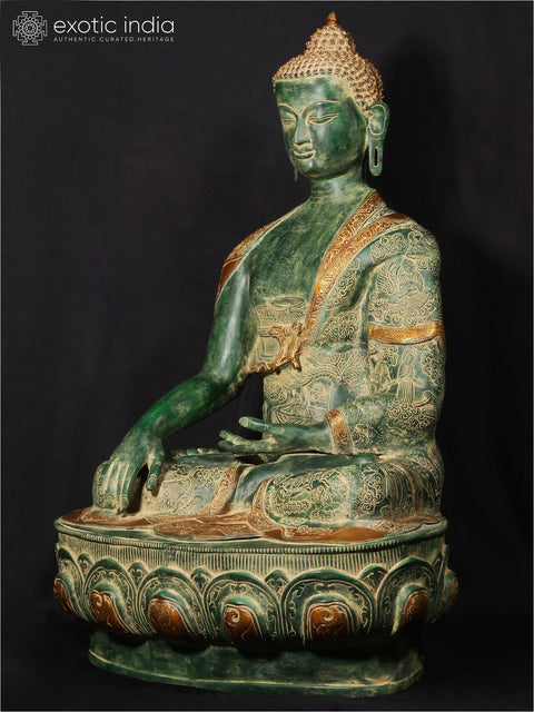 33'' Buddha In Bhumisparsha Mudra With Life Story Engraved | Brass Statue