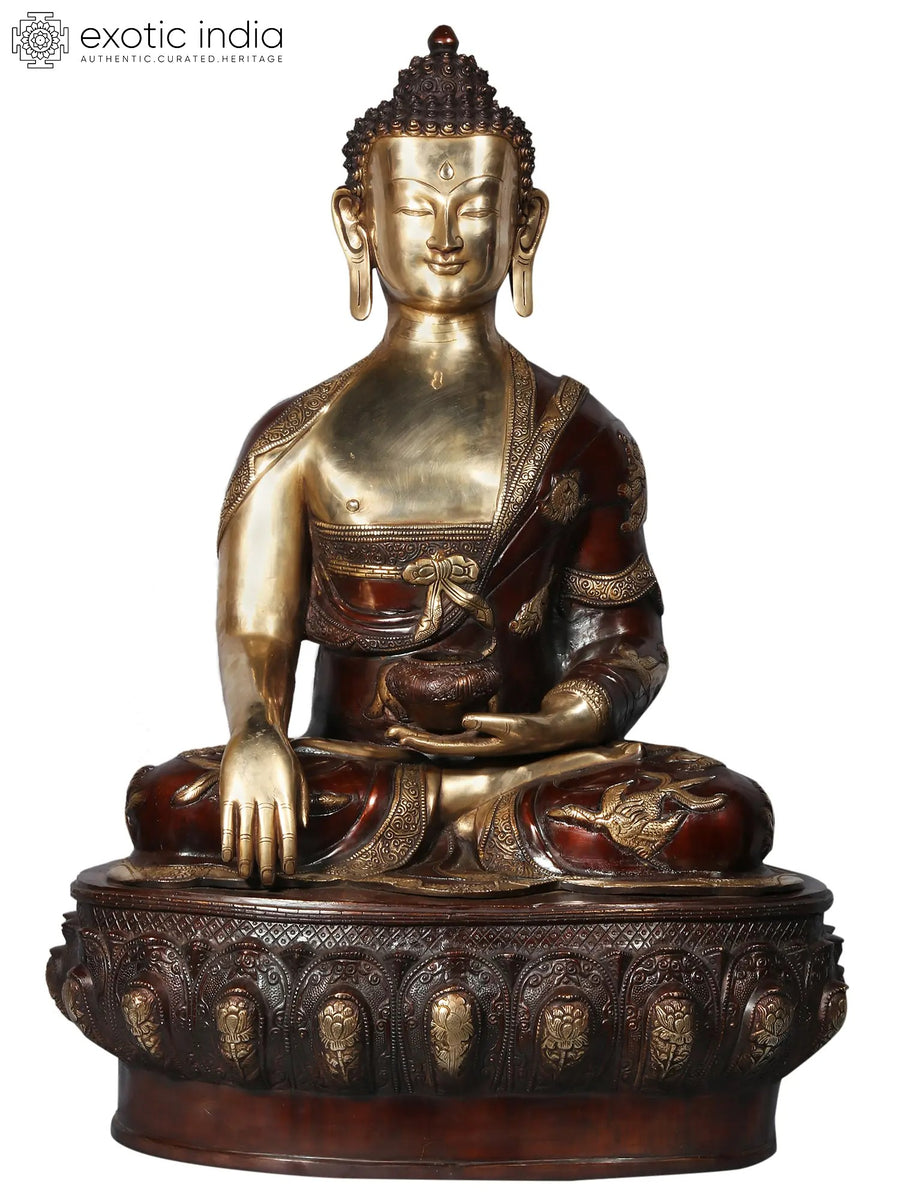 32" Shakyamuni Buddha with Dragon Engraved Brass Statue