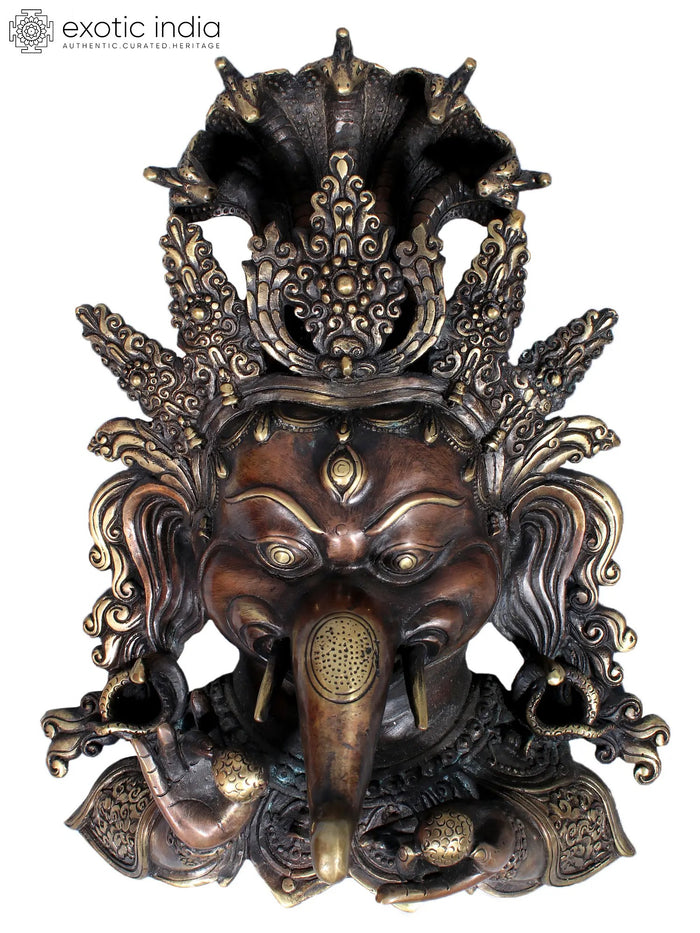 11" Lord Ganesha Face Mask Brass Statue from Nepal