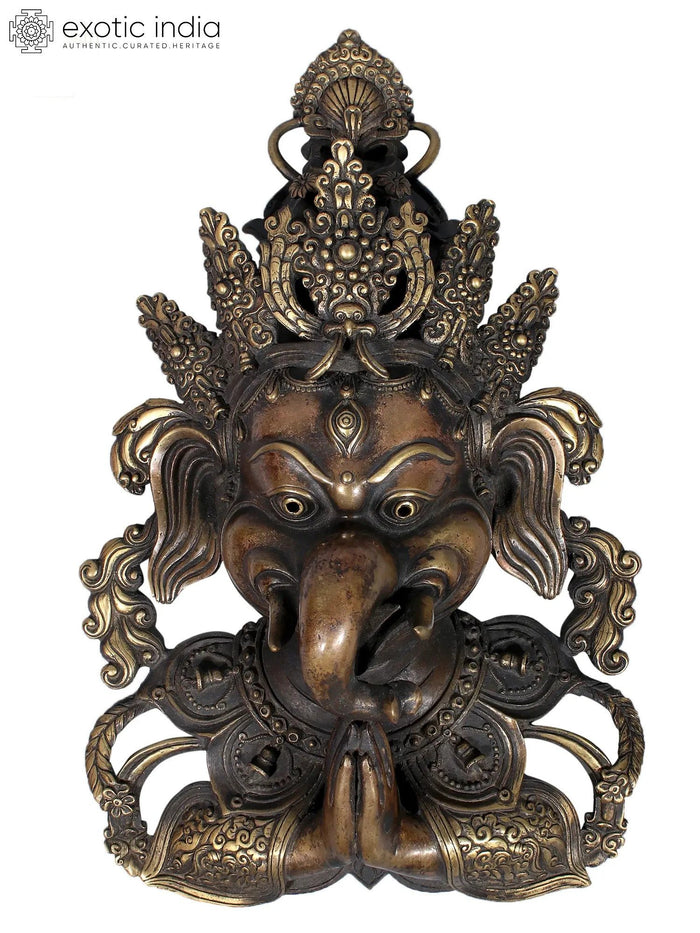 13" Brass Namaskar Ganesha Face Statue from Nepal