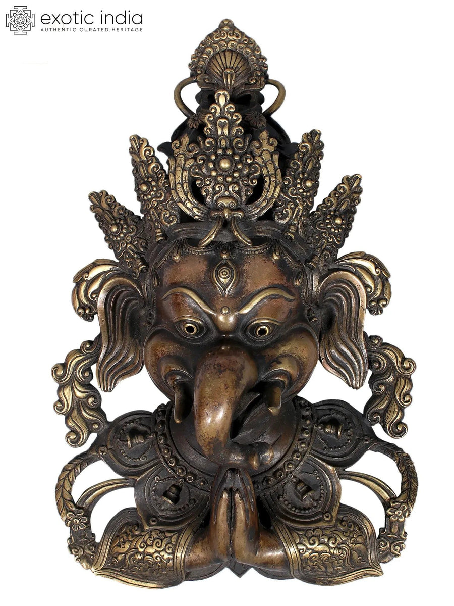 13" Brass Namaskar Ganesha Face Statue from Nepal