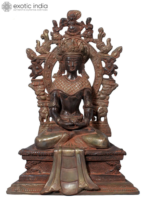 12" Brass Crowned Buddha Seated on Throne Statue