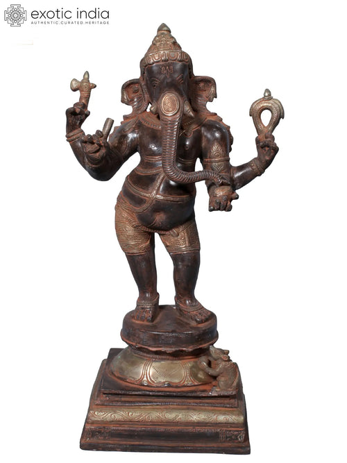 17" Brass Standing Chaturbhuja Ganesha Statue for Pooja