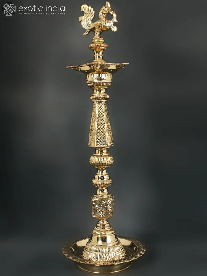 27" Brass Peacock Oil Lamp for Pooja Ritual