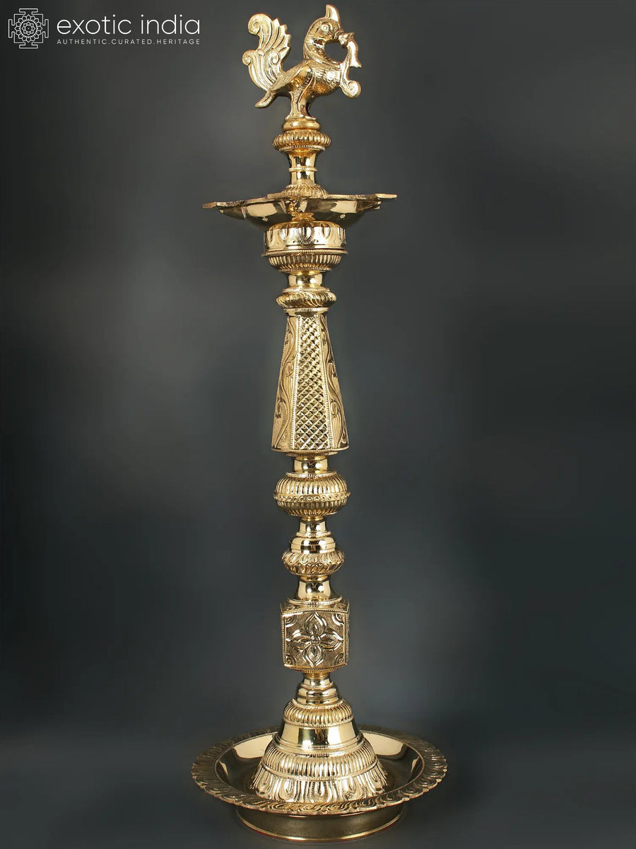 27" Brass Peacock Oil Lamp for Pooja Ritual
