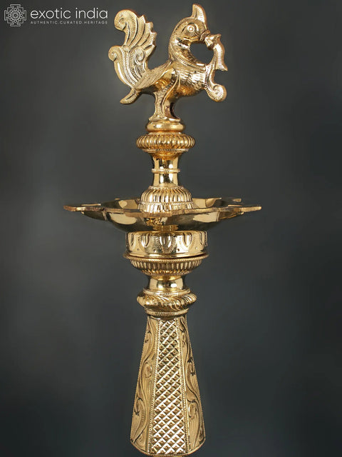 27" Authentic Peacock Oil Lamp For Ritual | Brass Lamp