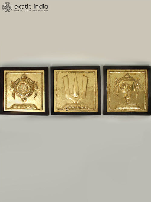 Vaishnava Brass Symbol Set - Shankha Chakra Tilaka Repousse Statue