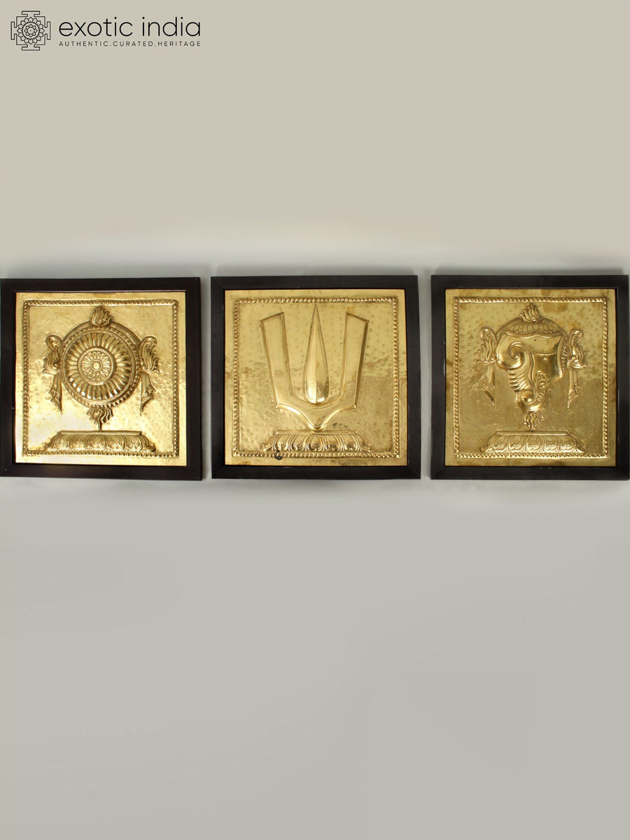 Vaishnava Brass Symbol Set - Shankha Chakra Tilaka Repousse Statue
