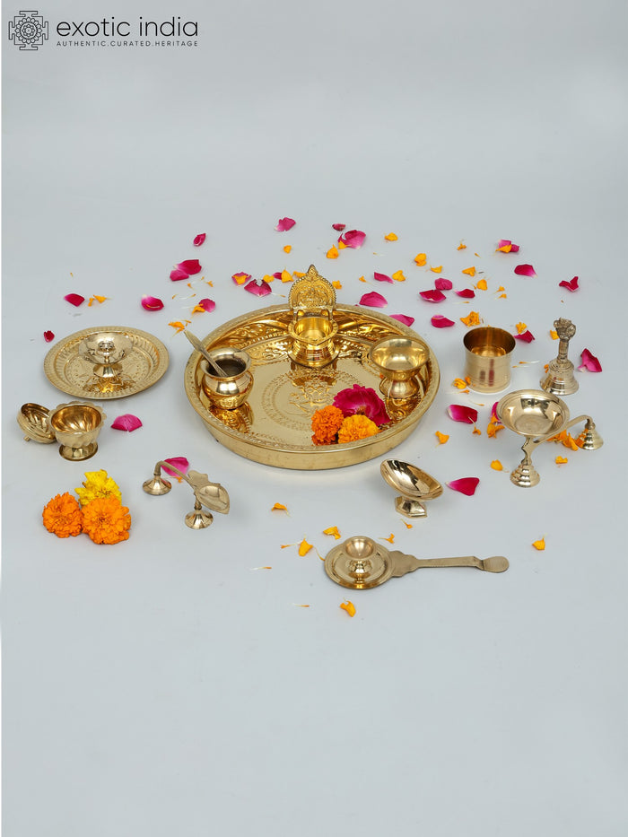 Brass Ganesha Puja Thali Set Handmade (15 Pcs)