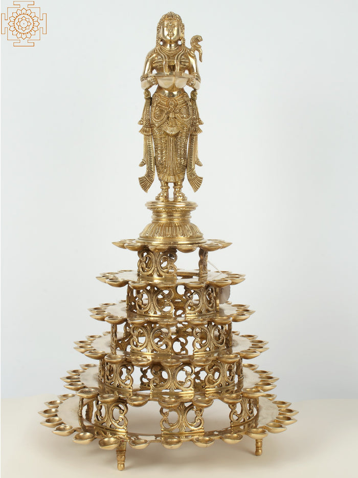 25" Lakshmi Brass Diya Lamp 108 Wicks for Pooja