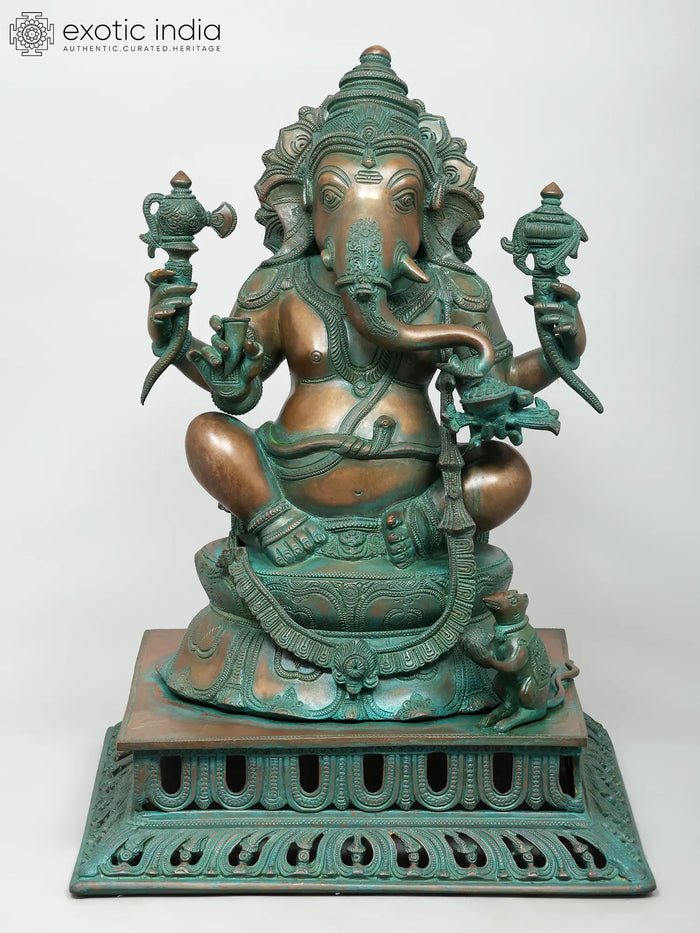 19" Handmade Sitting Chaturbhuja Lord Ganesha Brass Statue